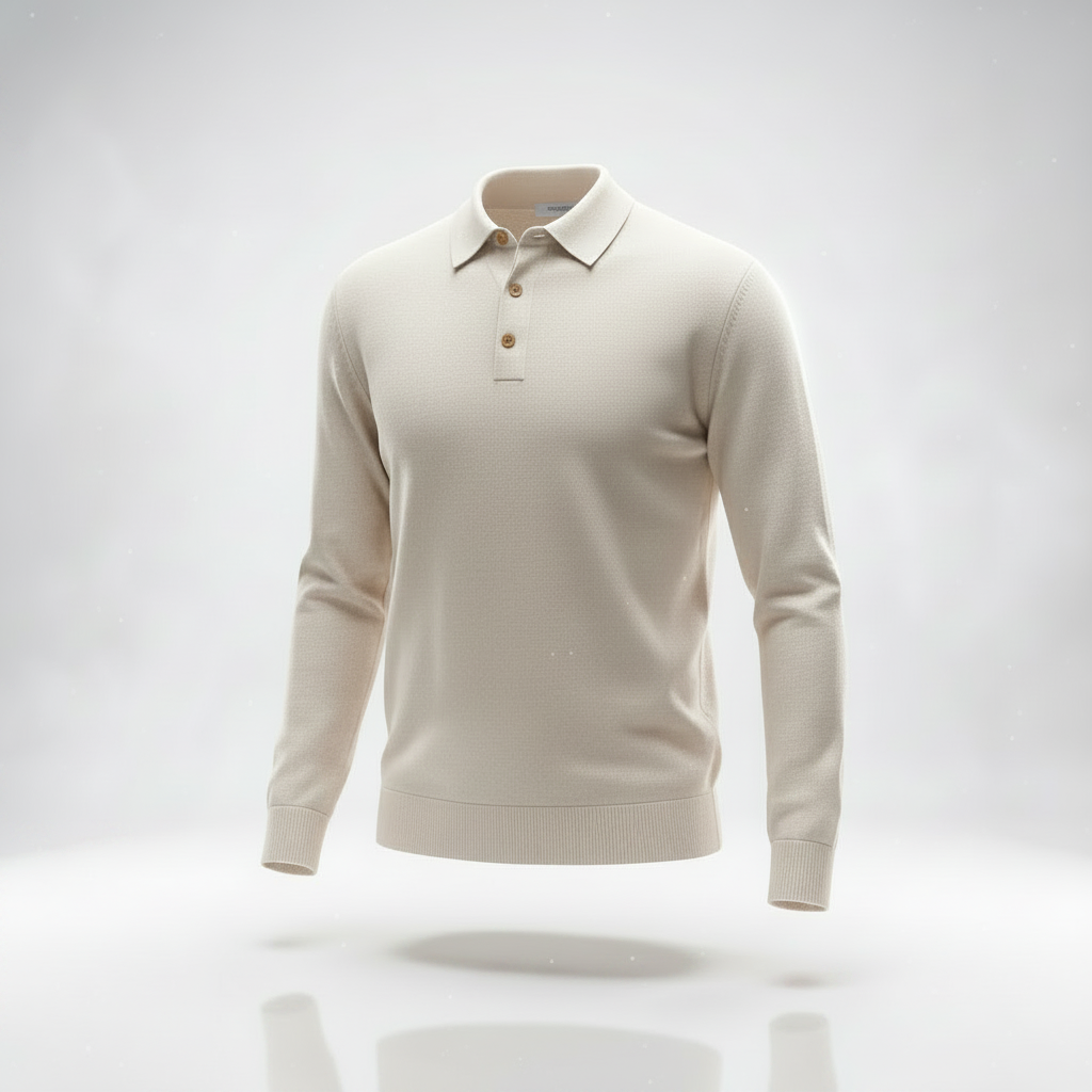 Polo knit sweater in off-white beige with light brown buttons
